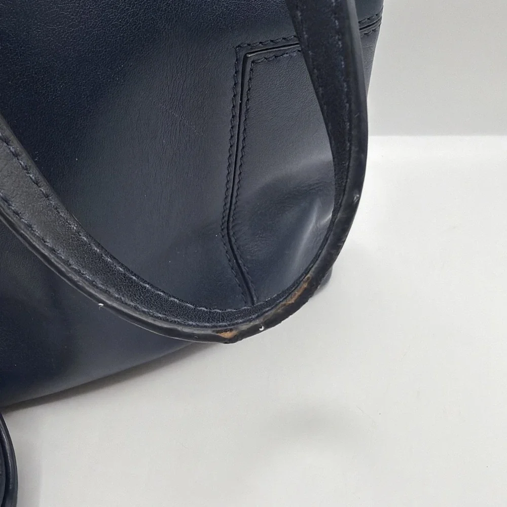 Tory Burch Block T Small Navy Blue Leather Bucket Bag Drawstring Closure